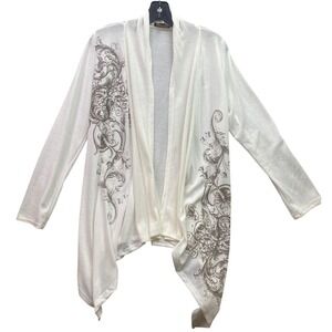 Cal Style Cardigan Womens Medium White Rayon Waterfall Embellished AOP Career‎